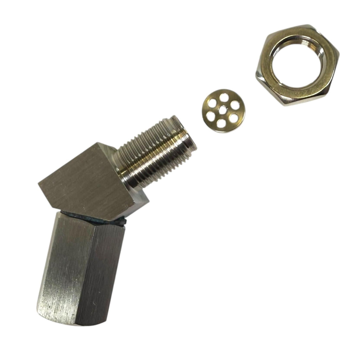 JackSpania Racing O2 Sensor Spacer for CEL fix, P0420, P0042, P0430, 45-degree exhaust part, used in vehicle exhaust systems.