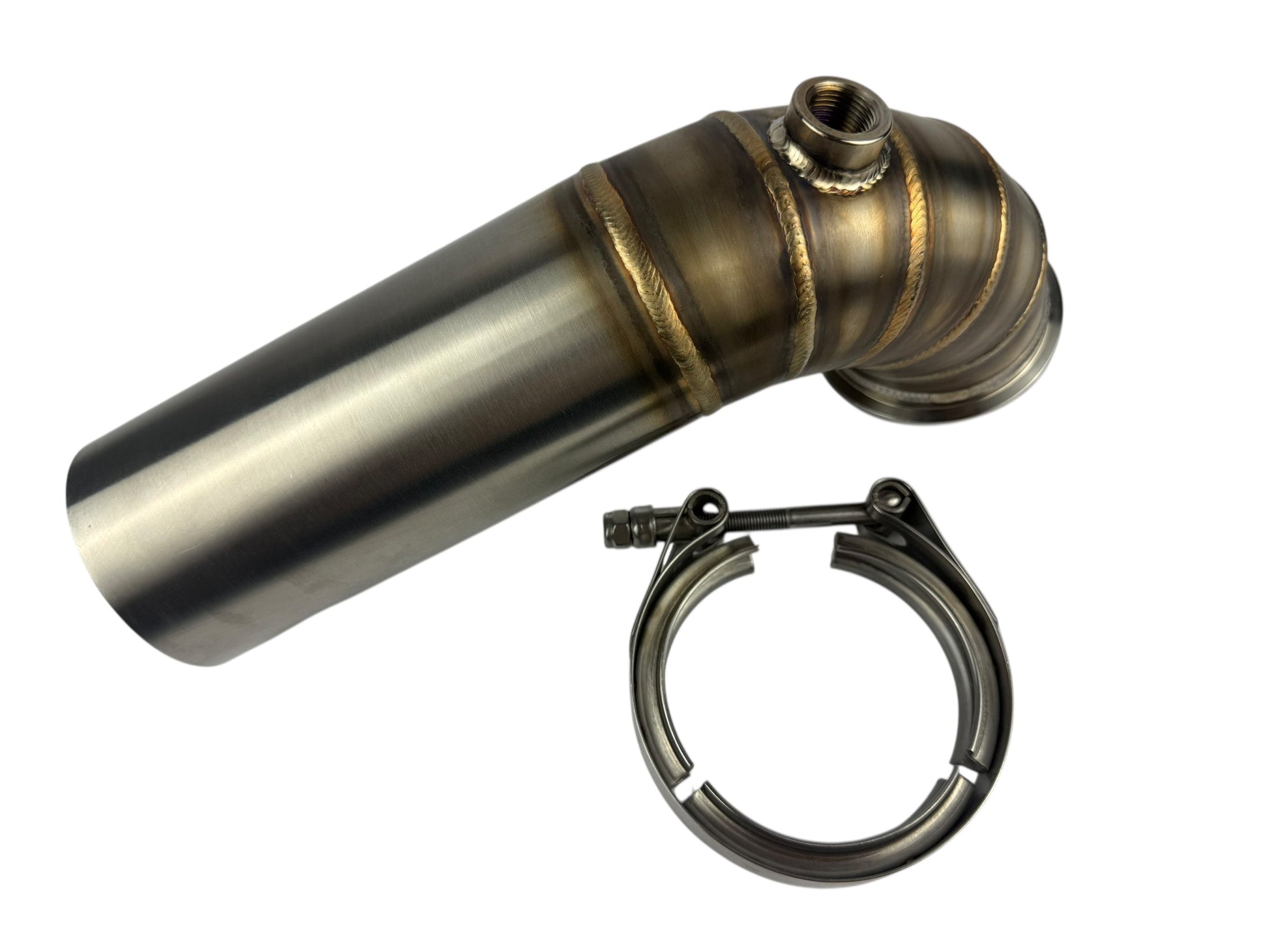JackSpania Racing 3-inch downpipe with V-band turbo flange, exhaust pipe, and O2 bung, designed for Garrett Holset Borgwarner turbos.