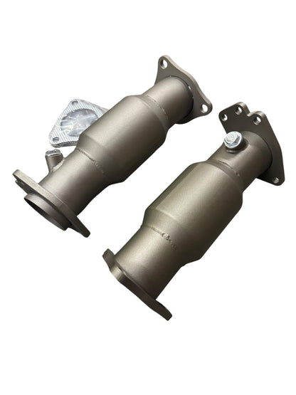 2020+ Chevrolet C8 Corvette high flow sport cats catalytic converter downpipes from JackSpania Racing, 3-inch exhaust parts, close-up view
