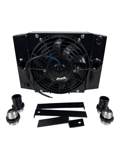 JackSpania Racing half size compact drag coolant radiator with 1.25" 16AN fittings and 4-row core for engine cooling.