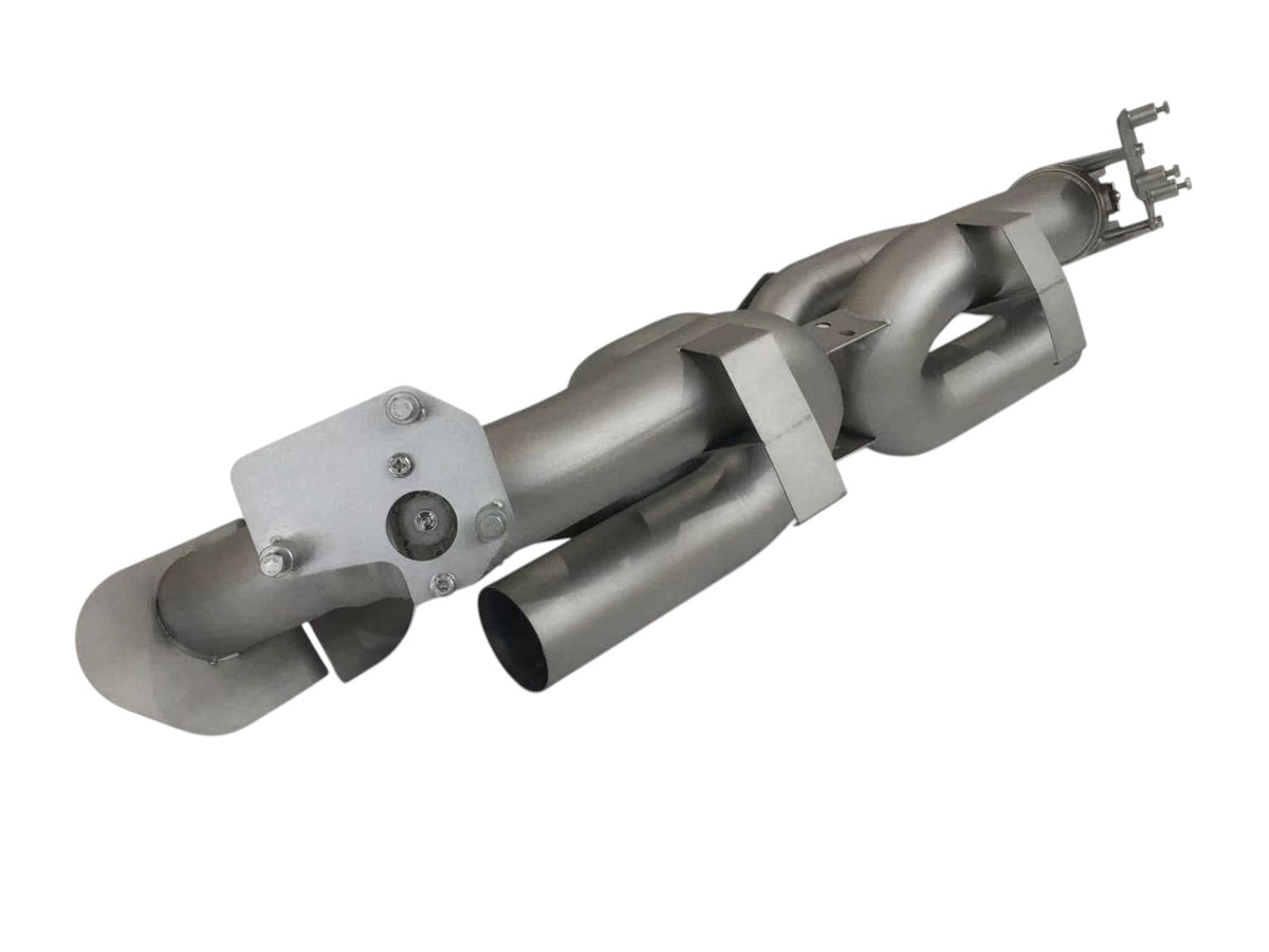 Titanium valved sport exhaust system for Porsche 992 Carrera and Turbo by JackSpania Racing, showing polished exhaust pipes and valves.