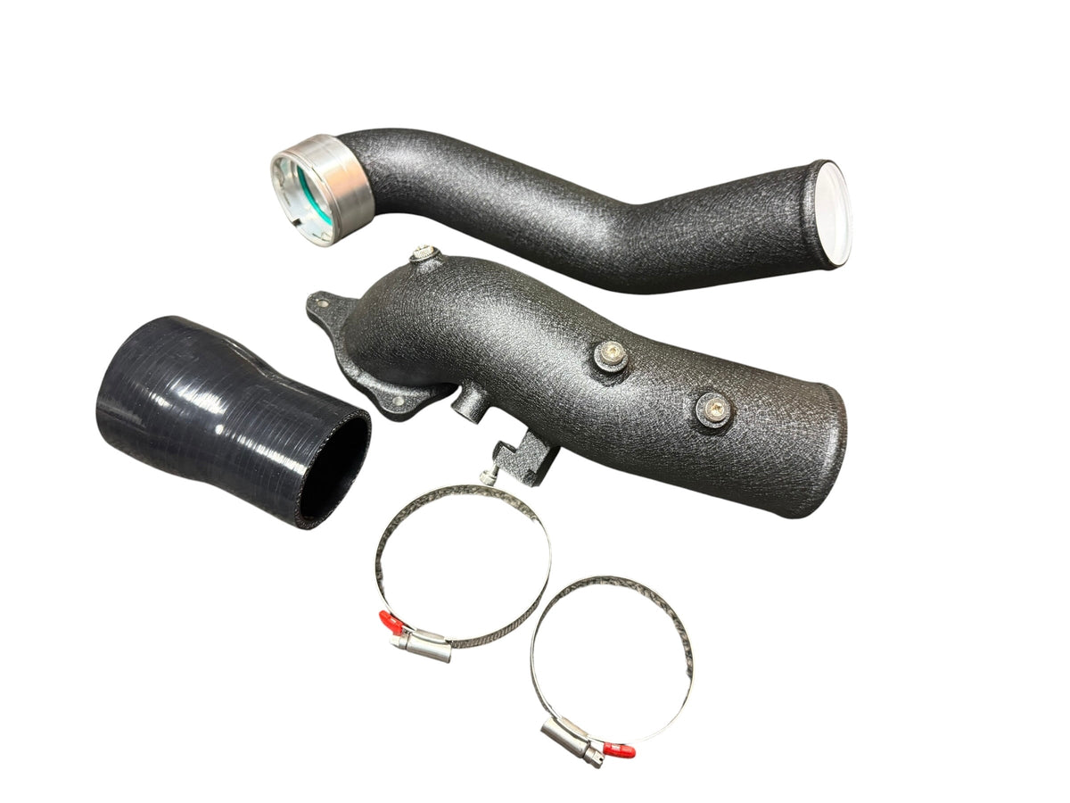 JackSpania Racing turbo charge pipe upgrade kit installed on BMW G20/G29 and Toyota GR Supra A90 B58 3.0L engine with polished metal finish