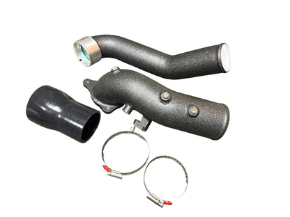 JackSpania Racing turbo charge pipe upgrade kit installed on BMW G20/G29 and Toyota GR Supra A90 B58 3.0L engine with polished metal finish