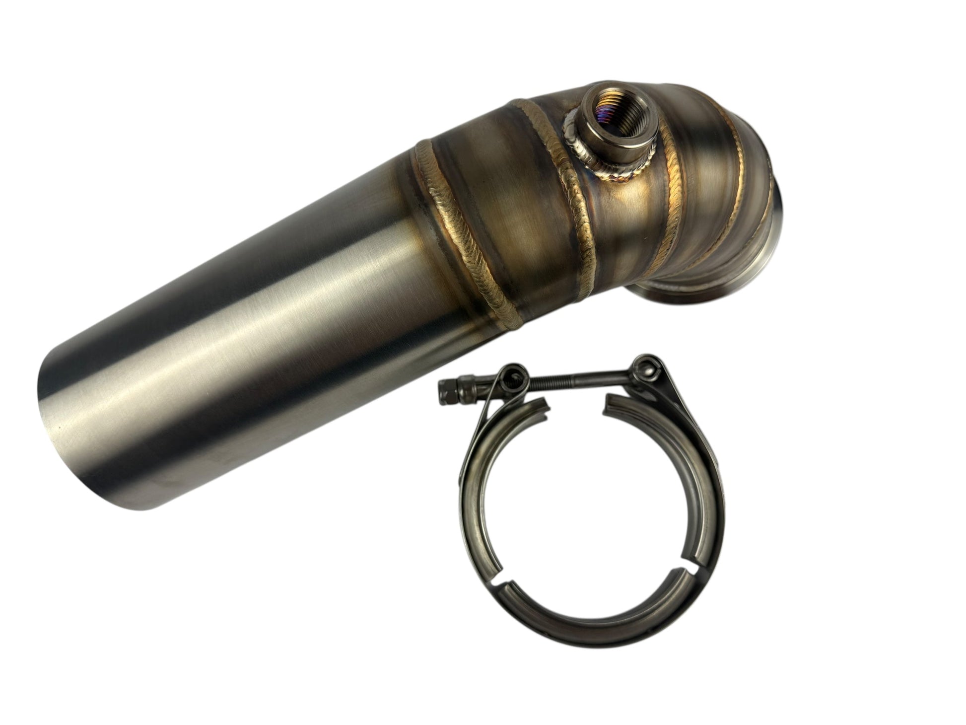 JackSpania Racing 3-inch downpipe with V-band turbo flange, 90-degree exhaust bend, and O2 bung for Holset and BorgWarner turbos