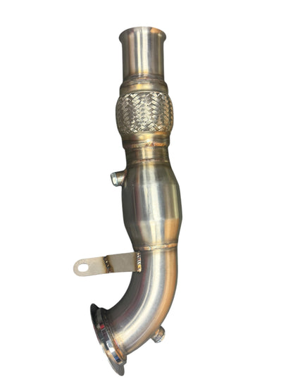 High flow catted downpipe for Ford Fiesta ST MK8 2018-2022, made by JackSpania Racing, showing the exhaust pipe and high-performance design.