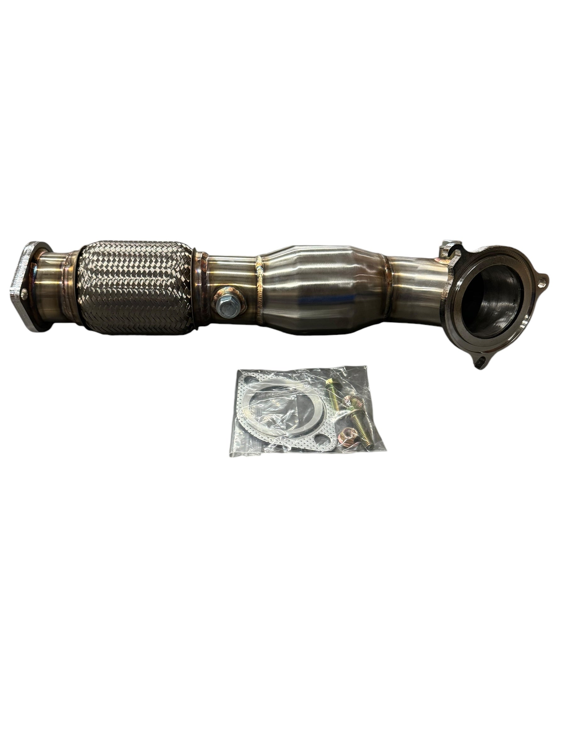 JackSpania Racing 3-inch catted downpipe for 2014+ Ford Fiesta ST, made of durable 304 stainless steel exhaust part.
