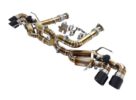 Titanium exhaust pipe with carbon fiber tips for Chevrolet Corvette C8 2020+ 6.2L V8 by JackSpania Racing, showcasing a sleek muffler pipe.