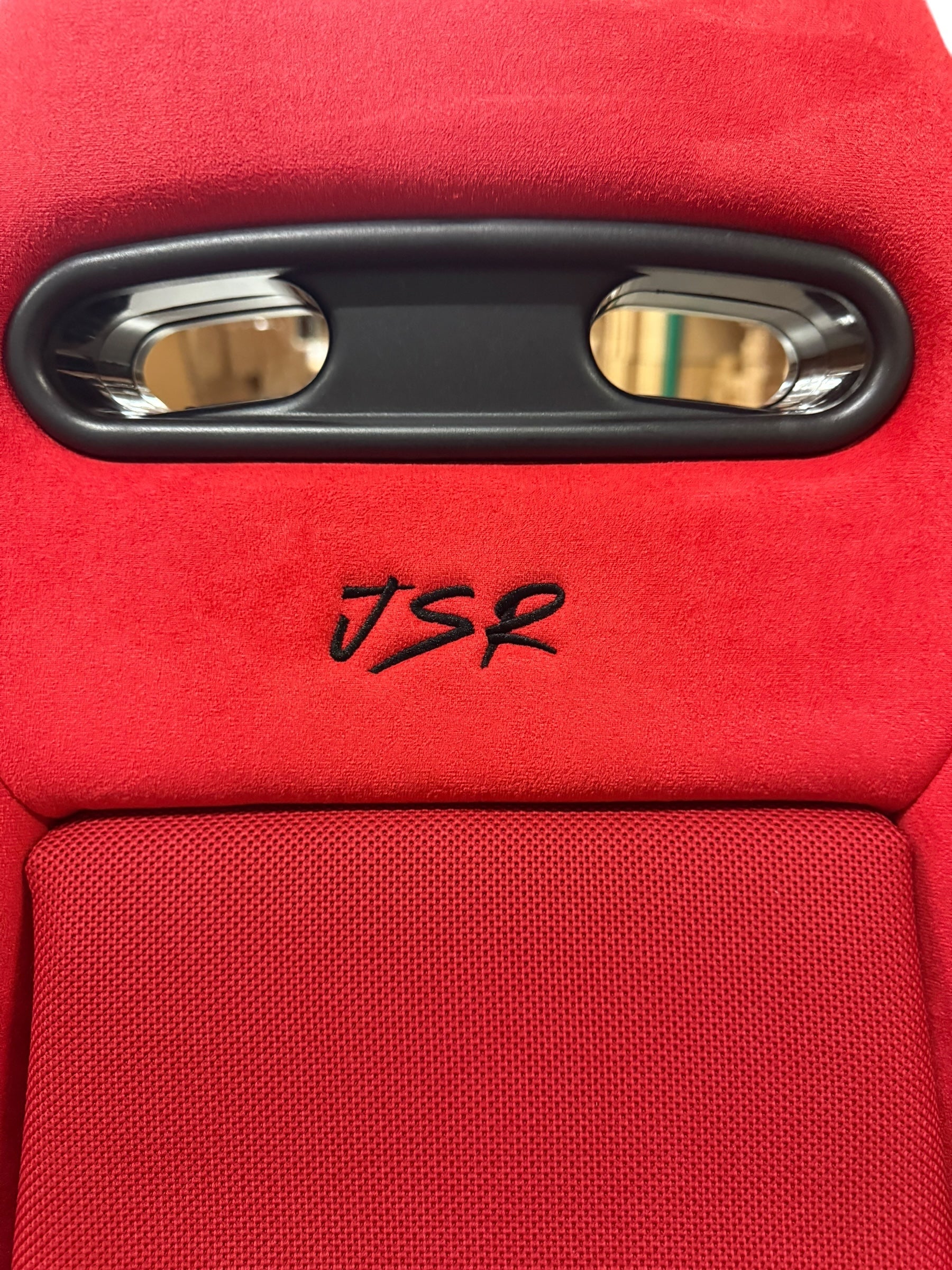 Reclinable slider seat for Recaro SR4 style Acura RSX DC5, JackSpania Racing drivetrain part, shown with mounting hardware.