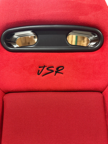 Reclinable slider seat for Recaro SR4 style Acura RSX DC5, JackSpania Racing drivetrain part, shown with mounting hardware.
