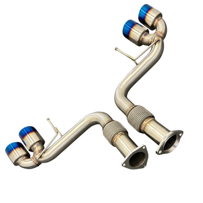 JackSpania Racing axle back exhaust for Chevrolet Corvette C8 2020+ 6.2L V8, showing the 3-inch muffler pipe and exhaust tips.