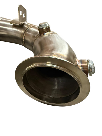 JackSpania Racing BMW M5 and M6 racing downpipes for S63 engine, showing sleek exhaust pipes with detailed metal construction.