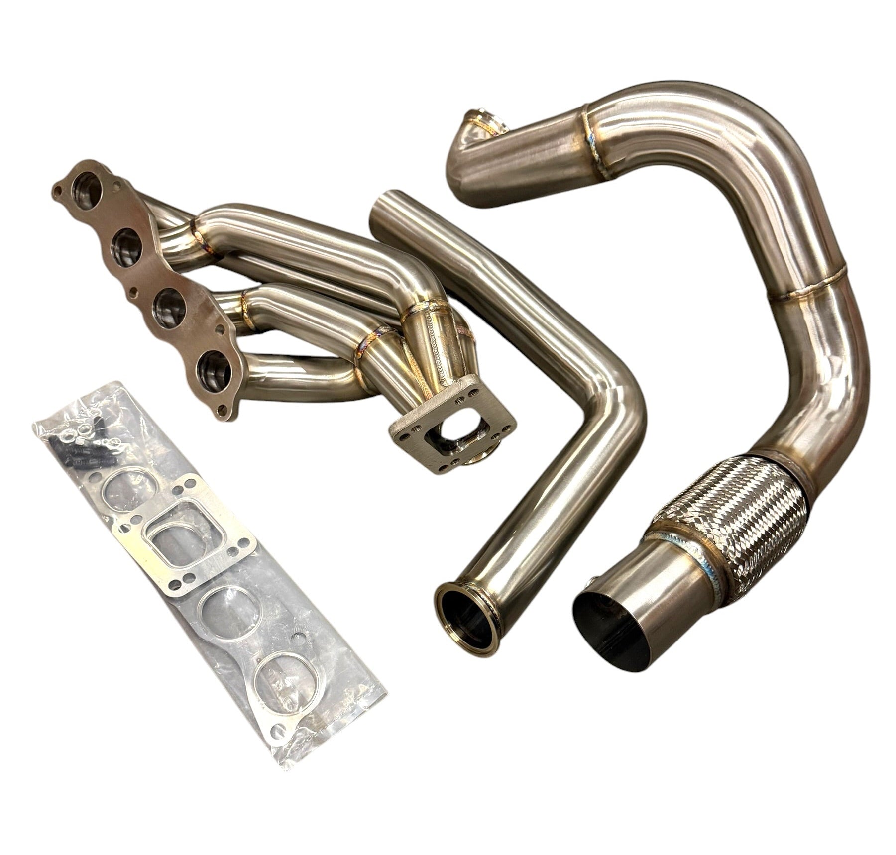 JackSpania Racing K Series Swap turbo manifold with T3/T4 sidewinder design, 3-inch downpipe, 60mm wastegate, exhaust pipes.