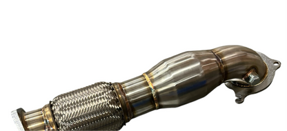 JackSpania Racing 3-inch catted downpipe for 2014+ Ford Fiesta ST, made of durable 304 stainless steel, shown with flanges and catalytic converter