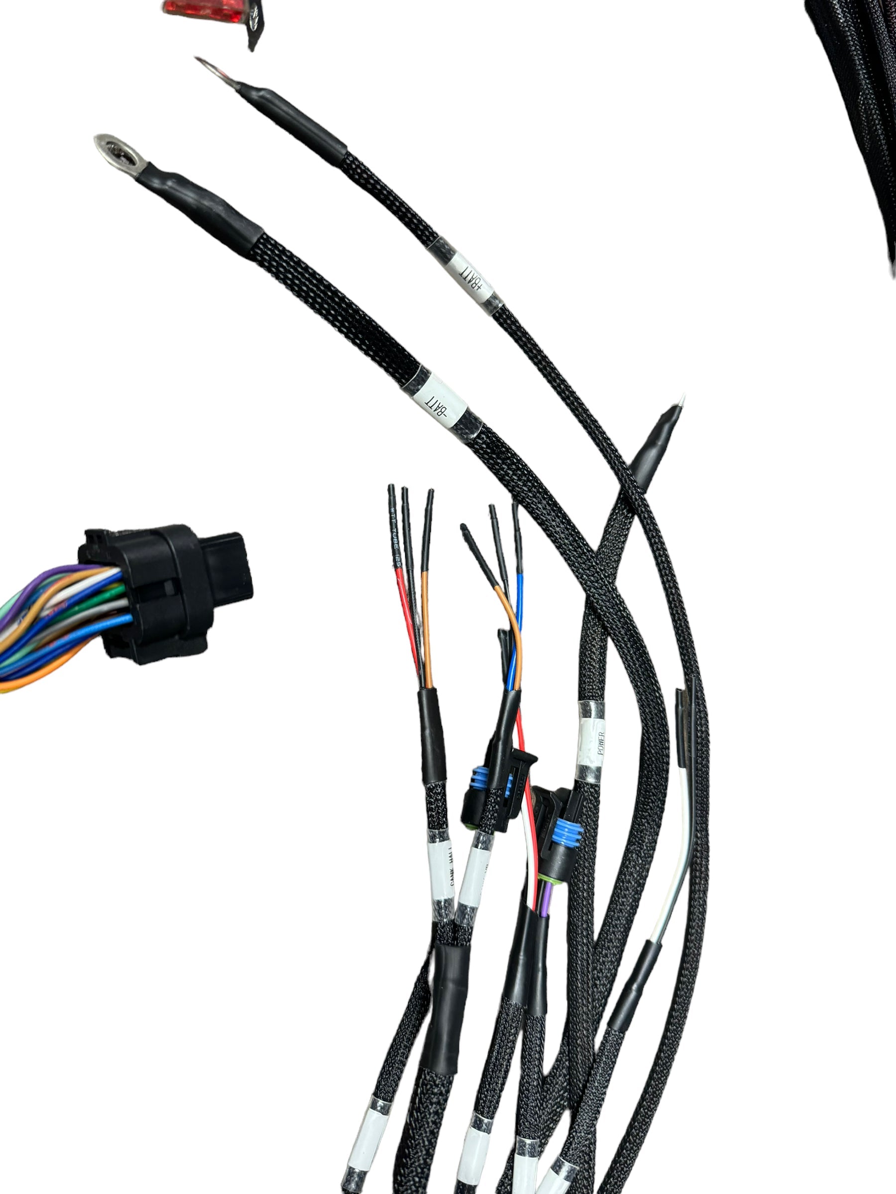 JackSpania Racing universal engine harness for FuelTech FT450 and FT550 ECU, designed for 4-cylinder engines, with wiring connectors.