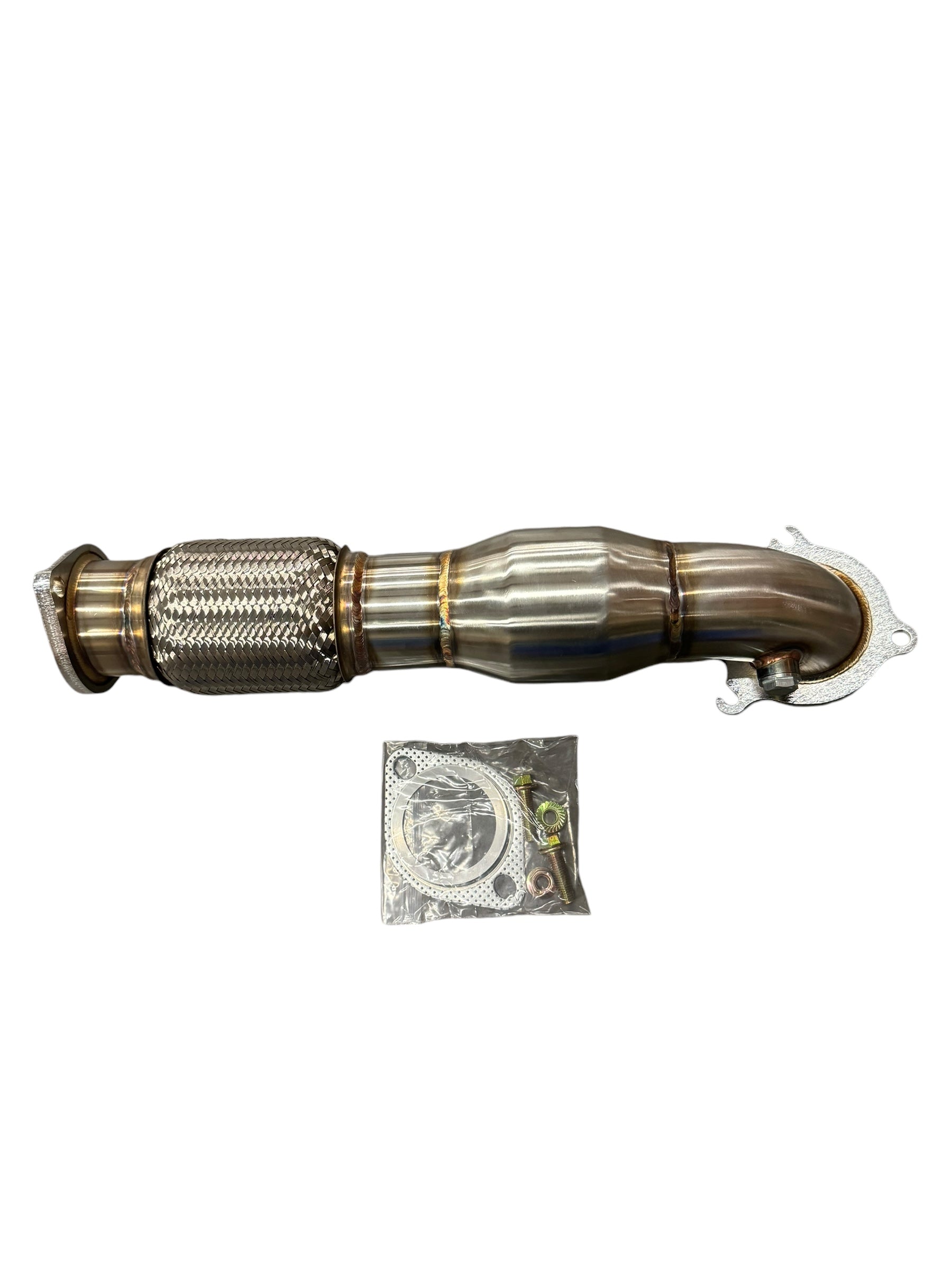 JackSpania Racing 3-inch catted downpipe for 2014+ Ford Fiesta ST, made of 304 stainless steel exhaust part.