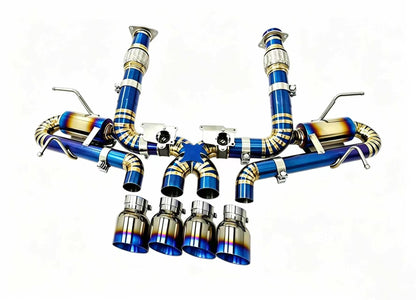 JackSpania Racing C8 Z06 Titanium Valved Catback Exhaust System showing sleek titanium pipes and quad exhaust tips.