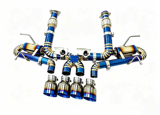 JackSpania Racing C8 Z06 Titanium Valved Catback Exhaust System showing sleek titanium pipes and quad exhaust tips.