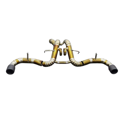 JackSpania Racing titanium exhaust system for McLaren 570S, 620R, and 540C F1 race car with polished metal finish.