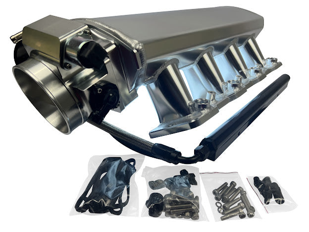 JackSpania Racing LS low profile metal intake manifold for LS1, LS2, LS6 engines with 92mm or 102mm cathedral intake ports.