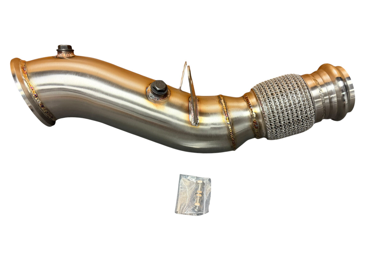 BMW B46 Racing Downpipe by JackSpania Racing, automotive exhaust part for 120i to 730i models, metal pipe with flanges.