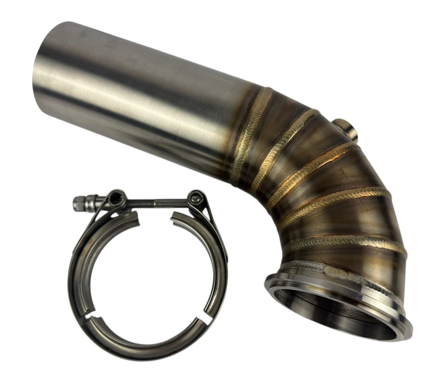 JackSpania Racing 3-inch downpipe with V-band turbo flange, exhaust flange, and O2 bung for Garrett Holset and Borgwarner turbos