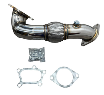 JackSpania Racing 3-inch catless exhaust downpipe for Mazda 3 Speed3 2.3L turbocharged engine, shows polished stainless steel pipe.