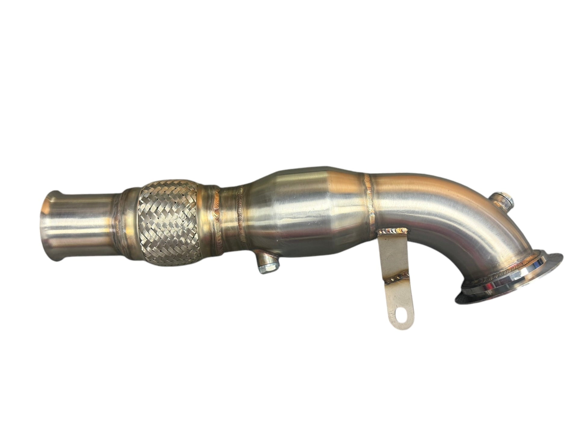 High flow catted downpipe for Ford Fiesta ST MK8 2018-2022 by JackSpania Racing, showcasing the exhaust pipe with high-performance design