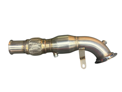 High flow catted downpipe for Ford Fiesta ST MK8 2018-2022 by JackSpania Racing, showcasing the exhaust pipe with high-performance design