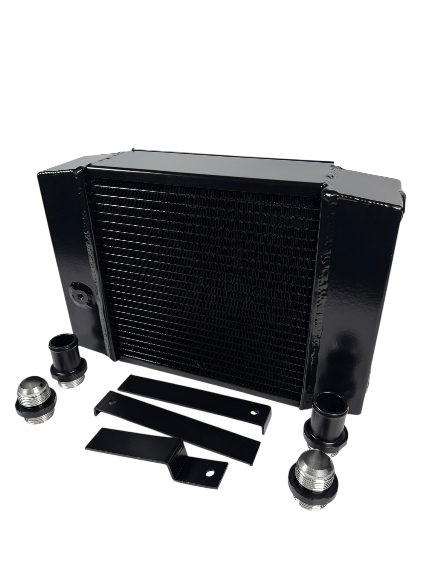 JackSpania Racing half-size compact drag radiator with 4-row core, 1.25" 16AN fittings, designed for engine cooling.