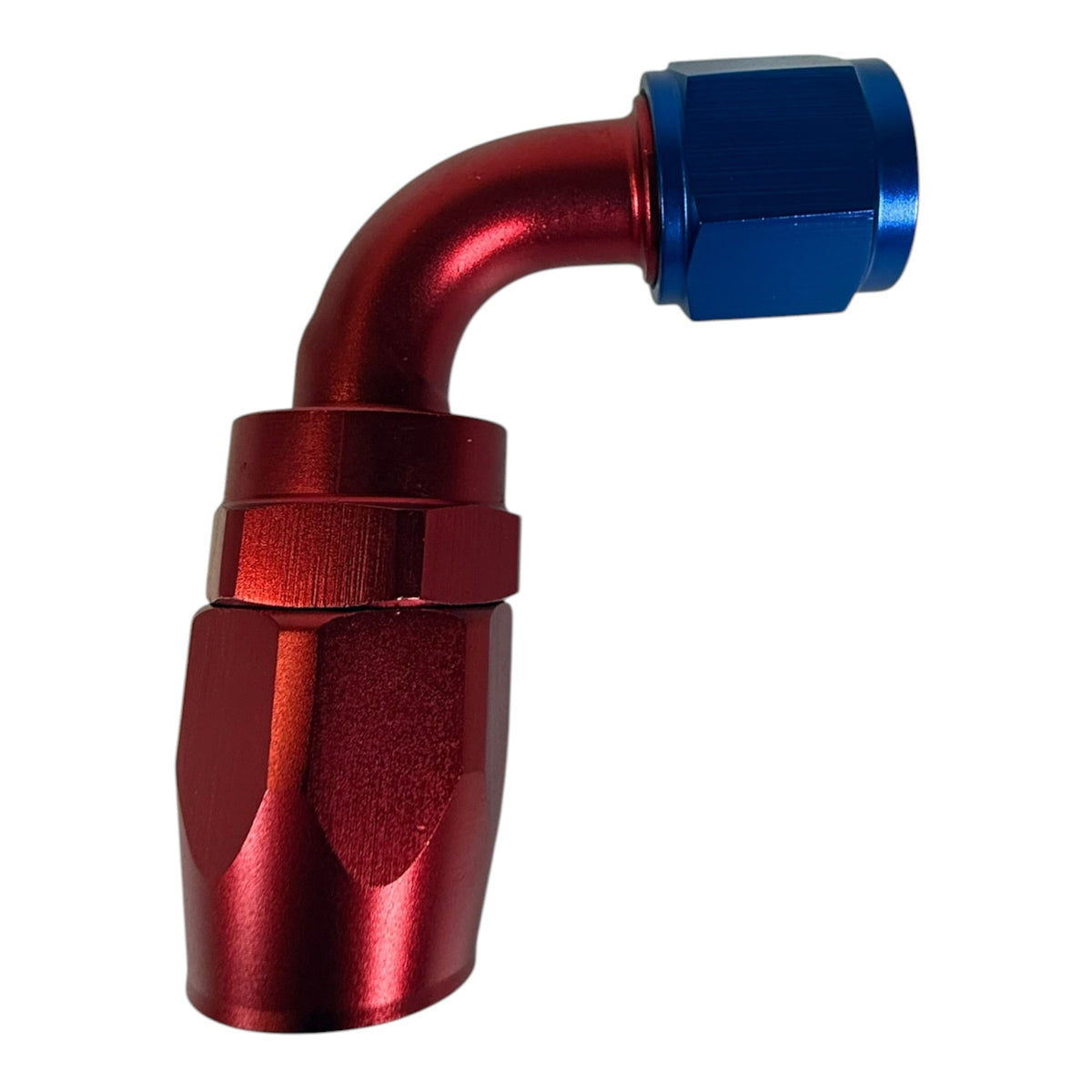 Jack Spania Racing AN10 10AN swivel hose end fittings in red and blue, 0 and 90-degree engine parts for high-performance hoses.