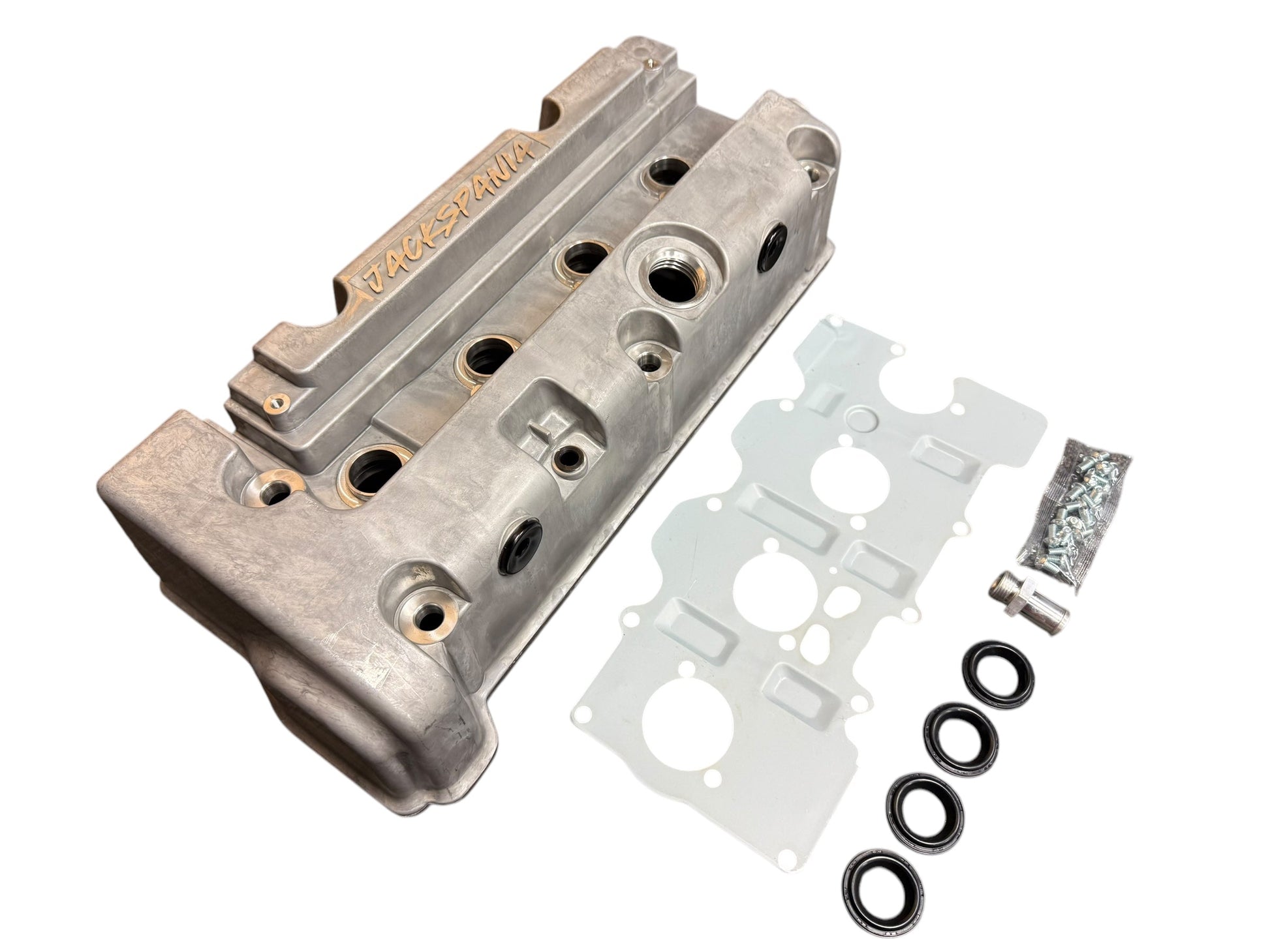 Cast aluminum K Series vented valve cover baffle for Honda Acura K20 K24 engines, featuring AN10 fittings by Jack Spania Racing.