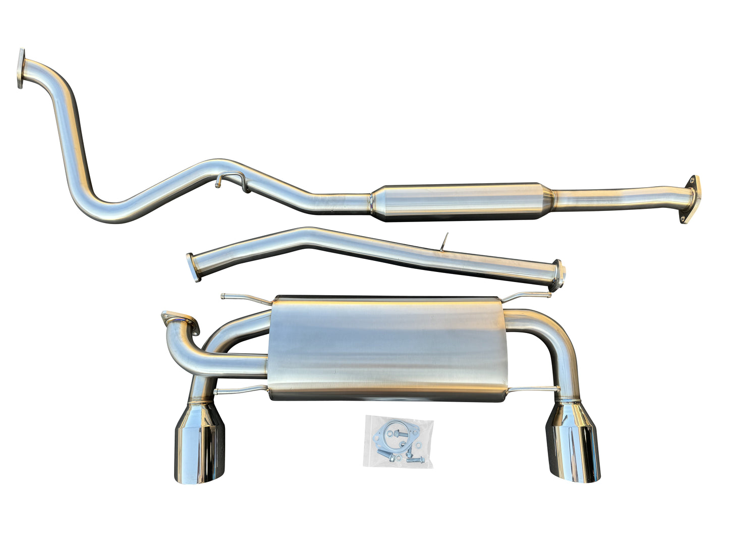 JackSpania Racing catback exhaust for 2013-2020 Subaru BRZ, Scion FR-S, and FRS with resonator muffler and polished metal finish.
