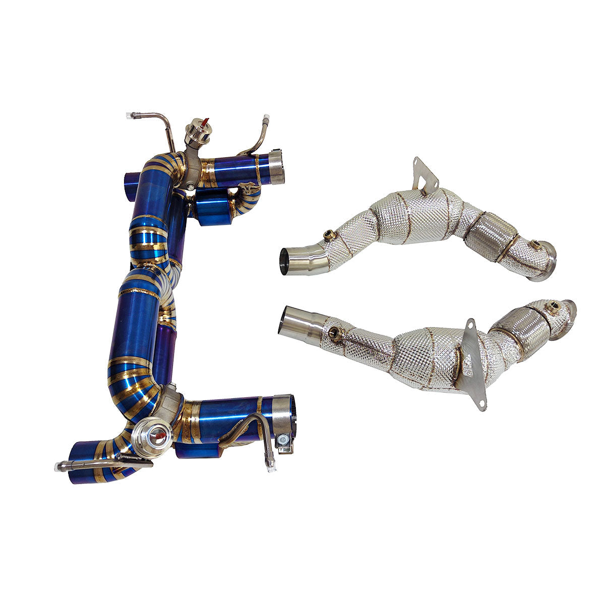 Ferrari 488 GTB titanium valved exhaust system by JackSpania Racing, showing polished metal exhaust pipes and valves.