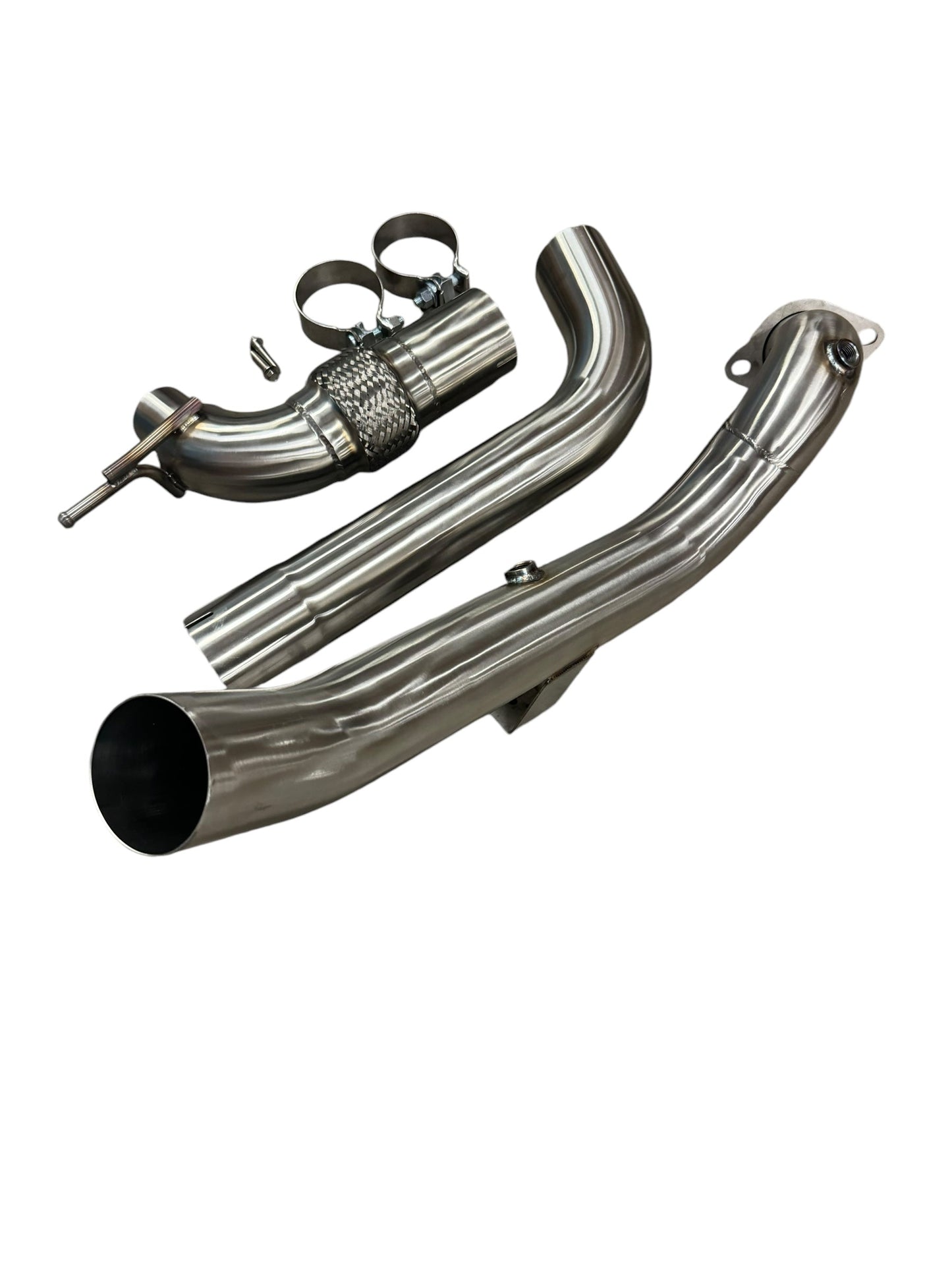 Stainless steel 3-inch downpipe for 2015-2023 Ford Mustang EcoBoost 2.3T, an exhaust part by JackSpania Racing, with visible pipe details.