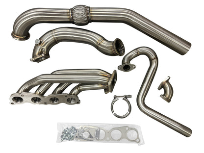 JackSpania Racing K Series K20 Civic Si turbo manifold with T3 downpipe, 2.5-inch exhaust, 2-bolt dump tube, and 4-bolt flange.