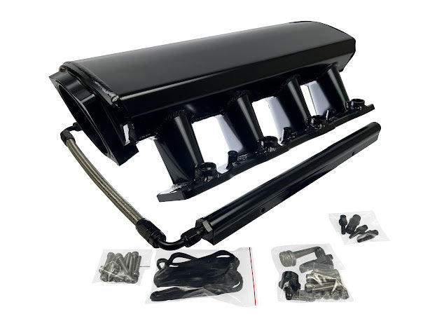 LS Low Profile Metal Intake Manifold for LS1, LS2, LS6 engines by JackSpania Racing, featuring DBC design and 92mm or 102mm cathedral ports.