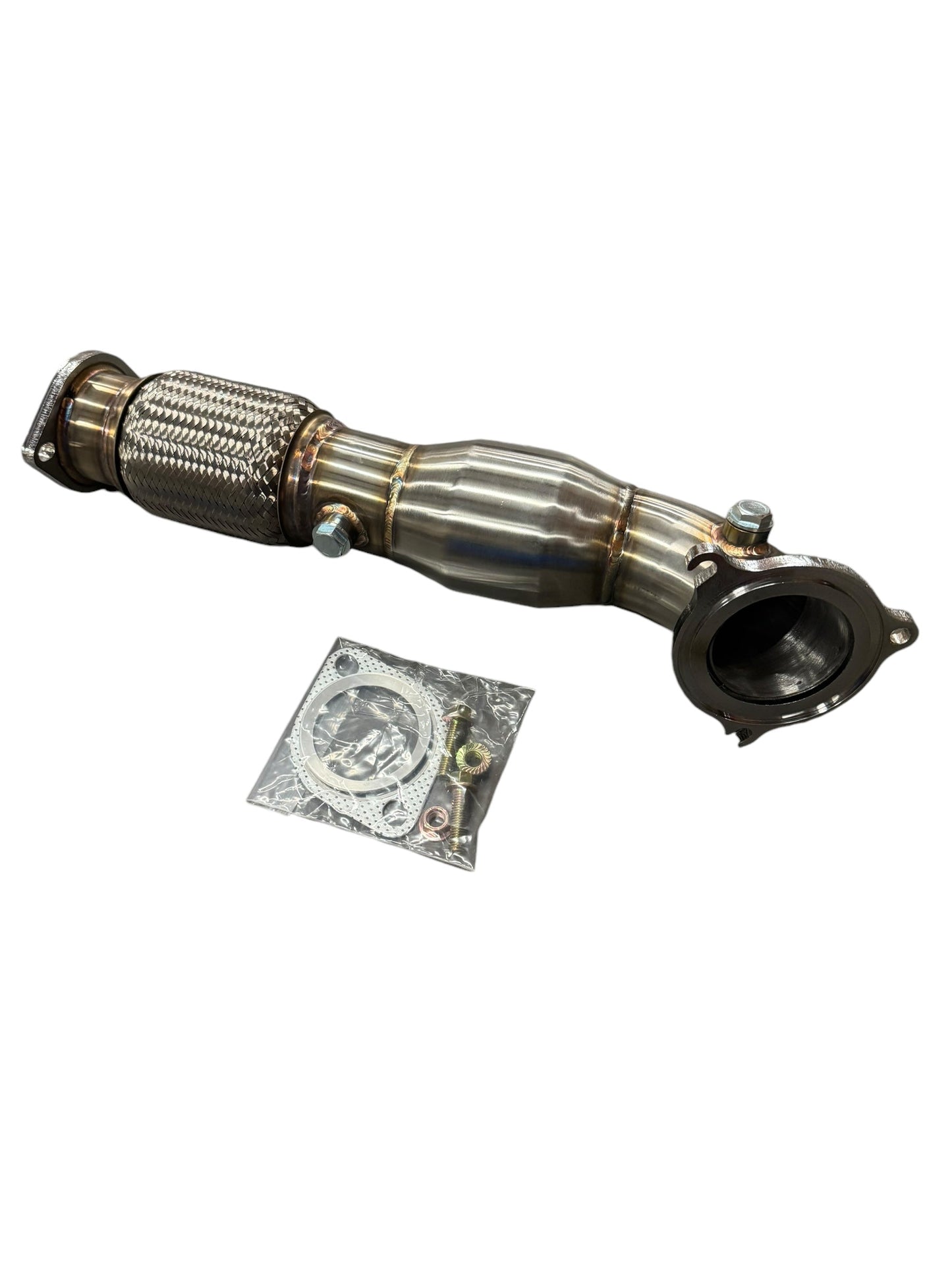 Ford Fiesta ST 2014+ catted 3-inch downpipe by JackSpania Racing, made of durable 304 stainless steel for exhaust upgrade.