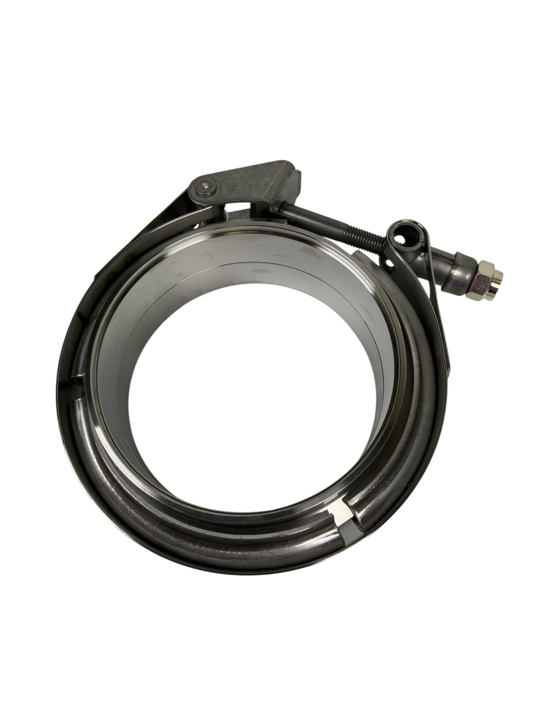 JackSpania Racing stainless steel V-band clamp with male and female flanges, available in 2.5 to 4-inch sizes for exhaust systems.