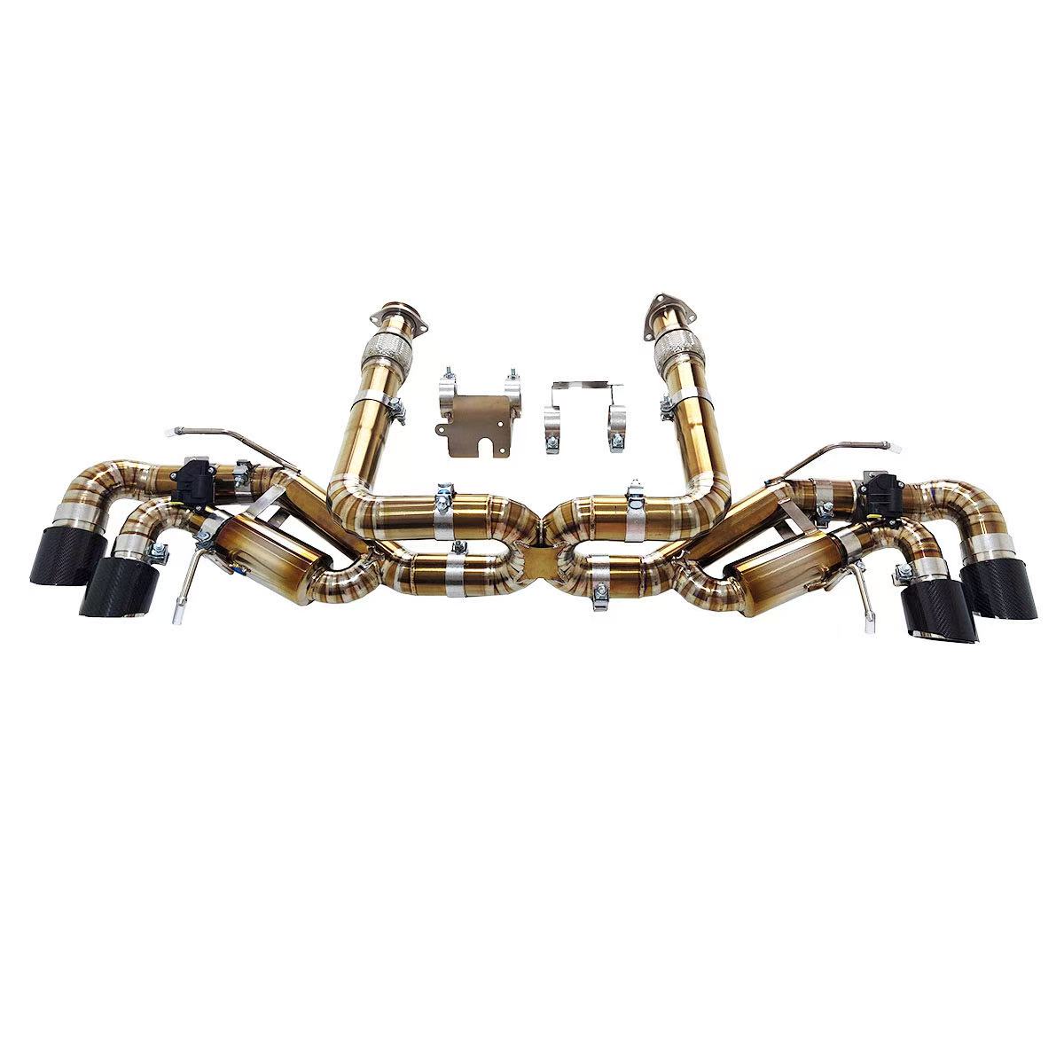 Titanium exhaust system with carbon fiber tips for Chevrolet Corvette C8 2020+ 6.2L V8, featuring 3-inch muffler pipe and catback design.