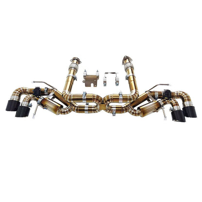 Titanium exhaust system with carbon fiber tips for Chevrolet Corvette C8 2020+ 6.2L V8, featuring 3-inch muffler pipe and catback design.
