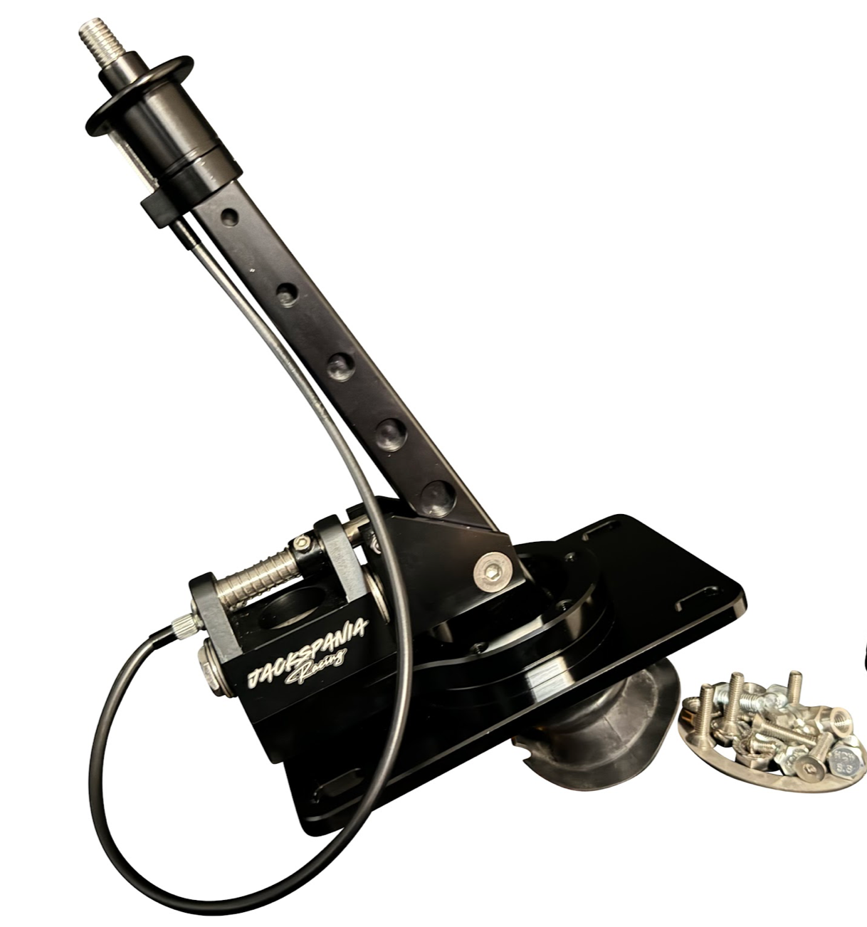 Billet aluminum short shifter box for Hyundai Genesis Coupe H-pattern transmission by JackSpania Racing, shown in black with mounting hardware.