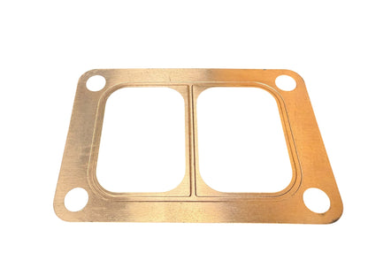 Embossed copper turbo flange gasket from JackSpania Racing for T3, T4, and T6 turbochargers, showing detailed finish and mounting holes.