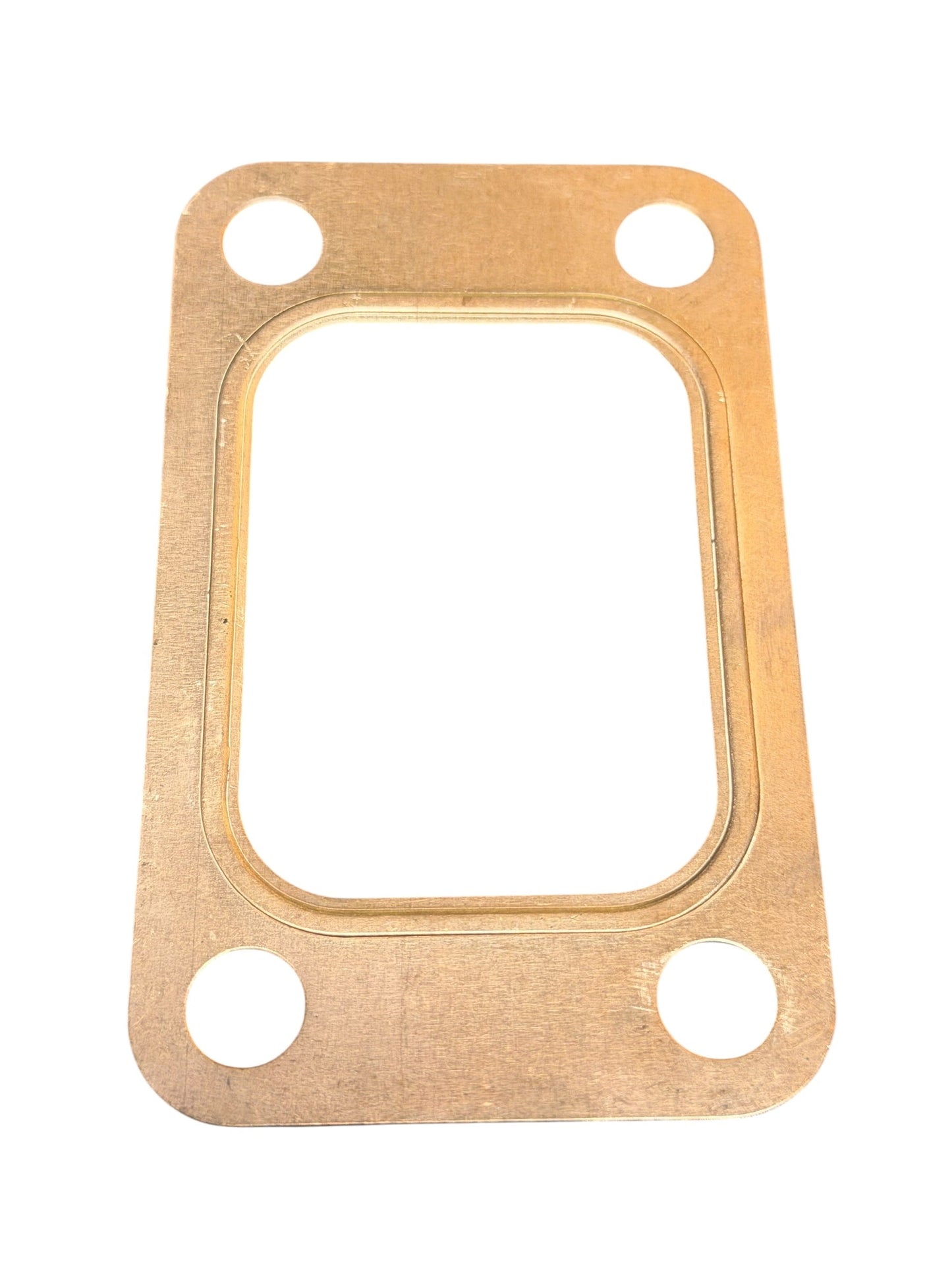 Embossed copper turbo flange gasket for T3, T4, and T6 turbos by JackSpania Racing, shown in a close-up view.