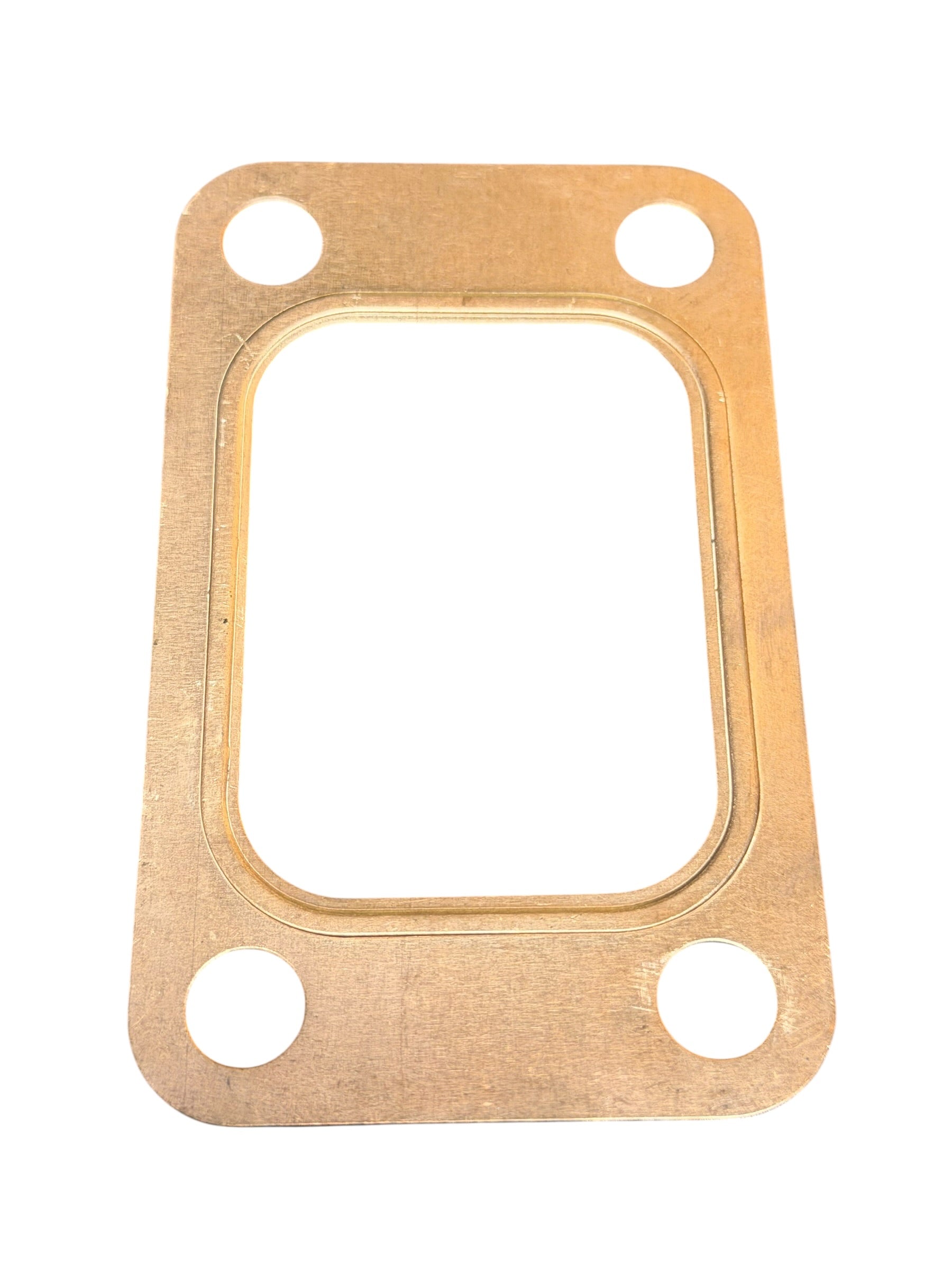 Embossed copper turbo flange gasket for T3, T4, and T6 turbos by JackSpania Racing, shown in a close-up view.