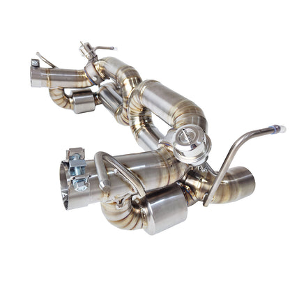 Ferrari 488 GTB titanium valved exhaust system, high-performance exhaust parts by JackSpania Racing, with polished metal finish and valves