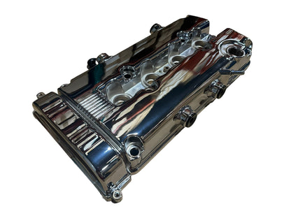 JackSpania Racing B Series vented valve cover baffle for Honda Acura B16 B18 VTEC engine, with AN10 fittings for improved airflow.