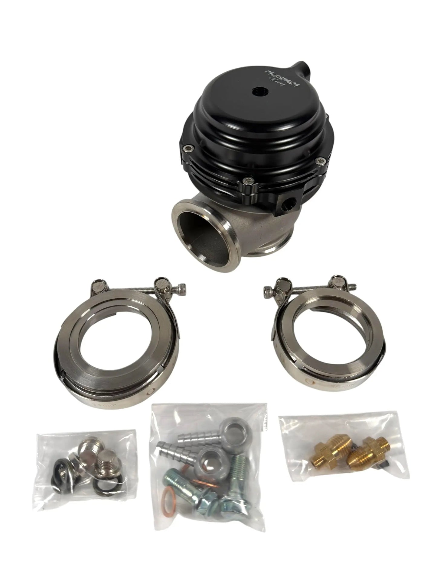 Jack Spania Racing JSR 44mm External Wastegate MV-R V-Band Flange turbo engine part showing metal flange and wastegate components