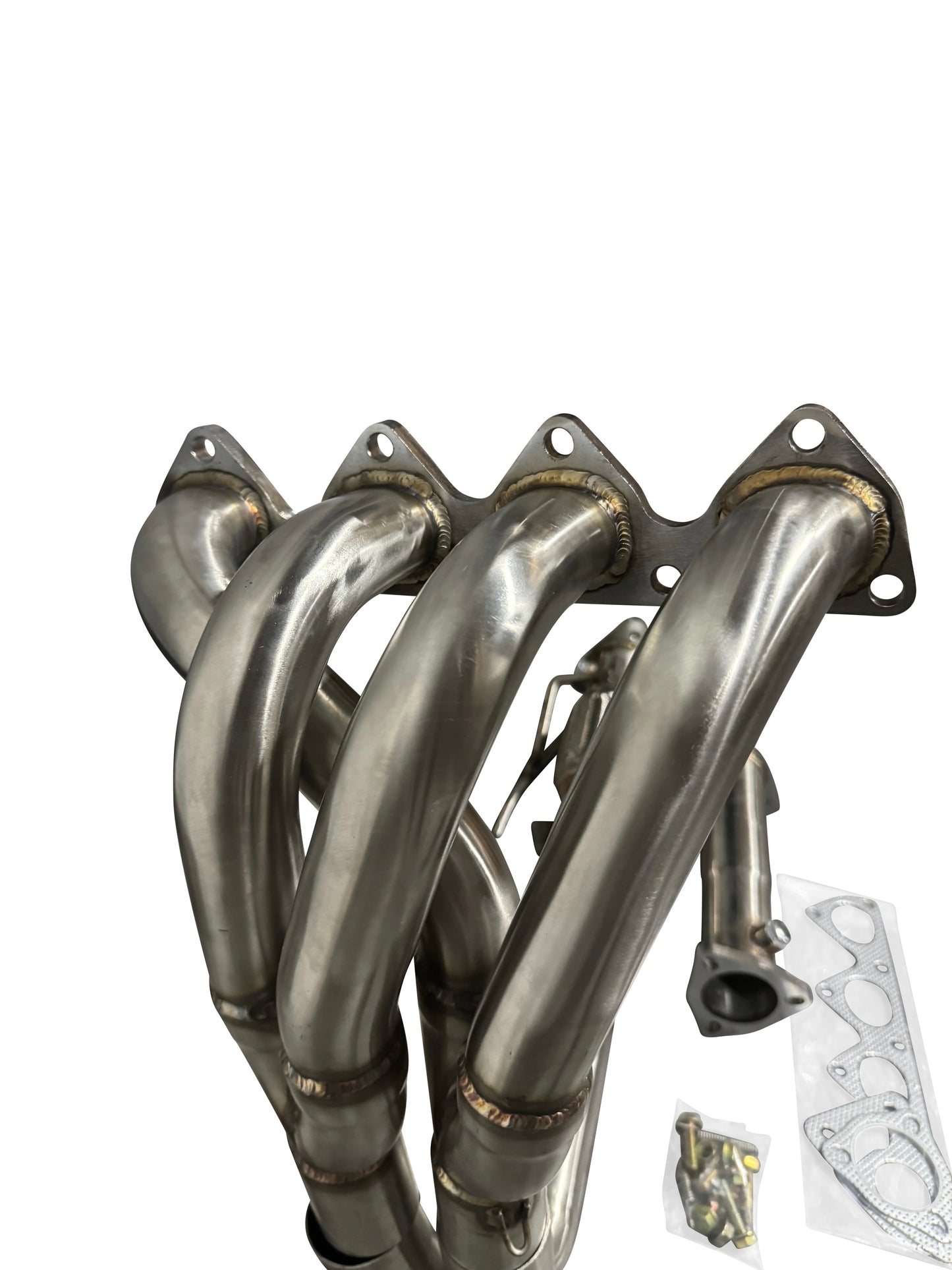 JackSpania Racing 97-01 Honda Prelude BB6 2.5-inch header exhaust part with polished metal finish and mounting flanges.