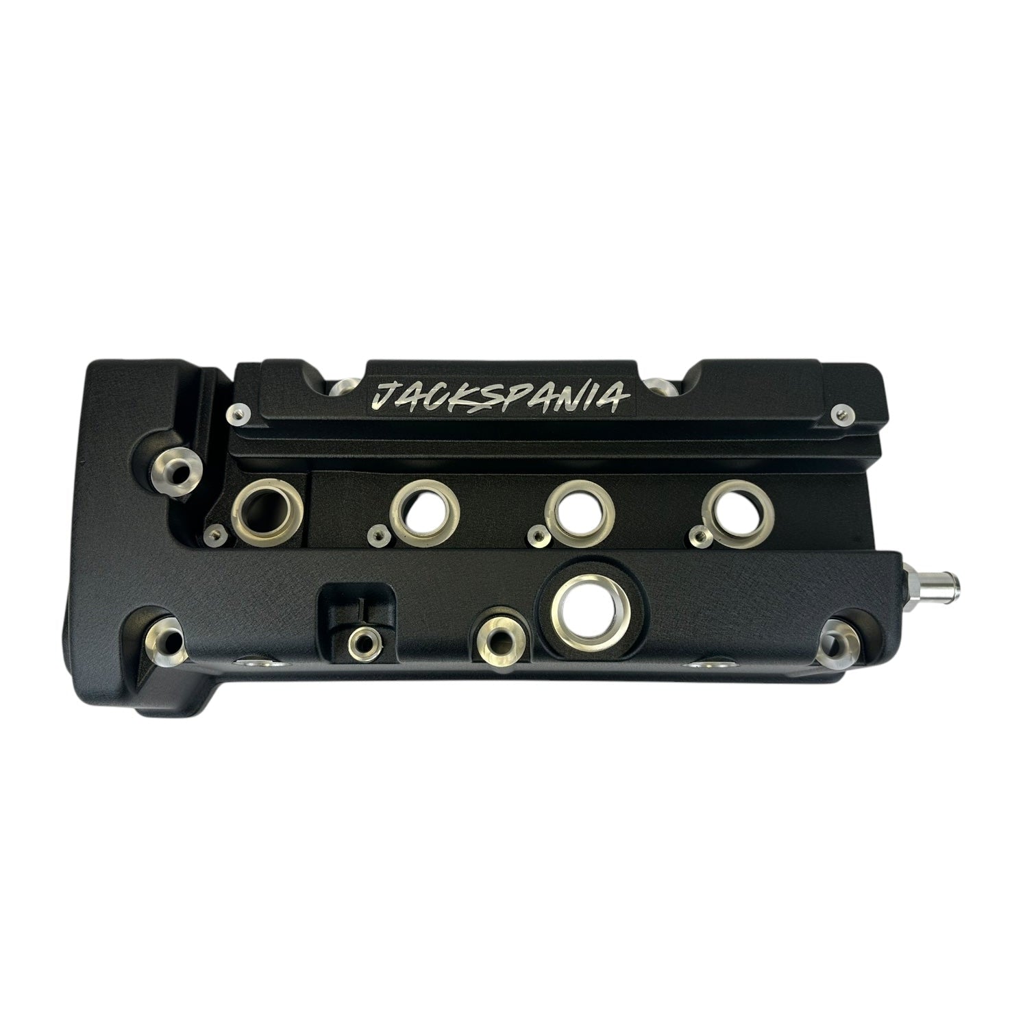 Cast aluminum K Series vented valve cover baffle for Honda Acura K20 K24 engines, featuring AN10 fittings, by Jack Spania Racing.