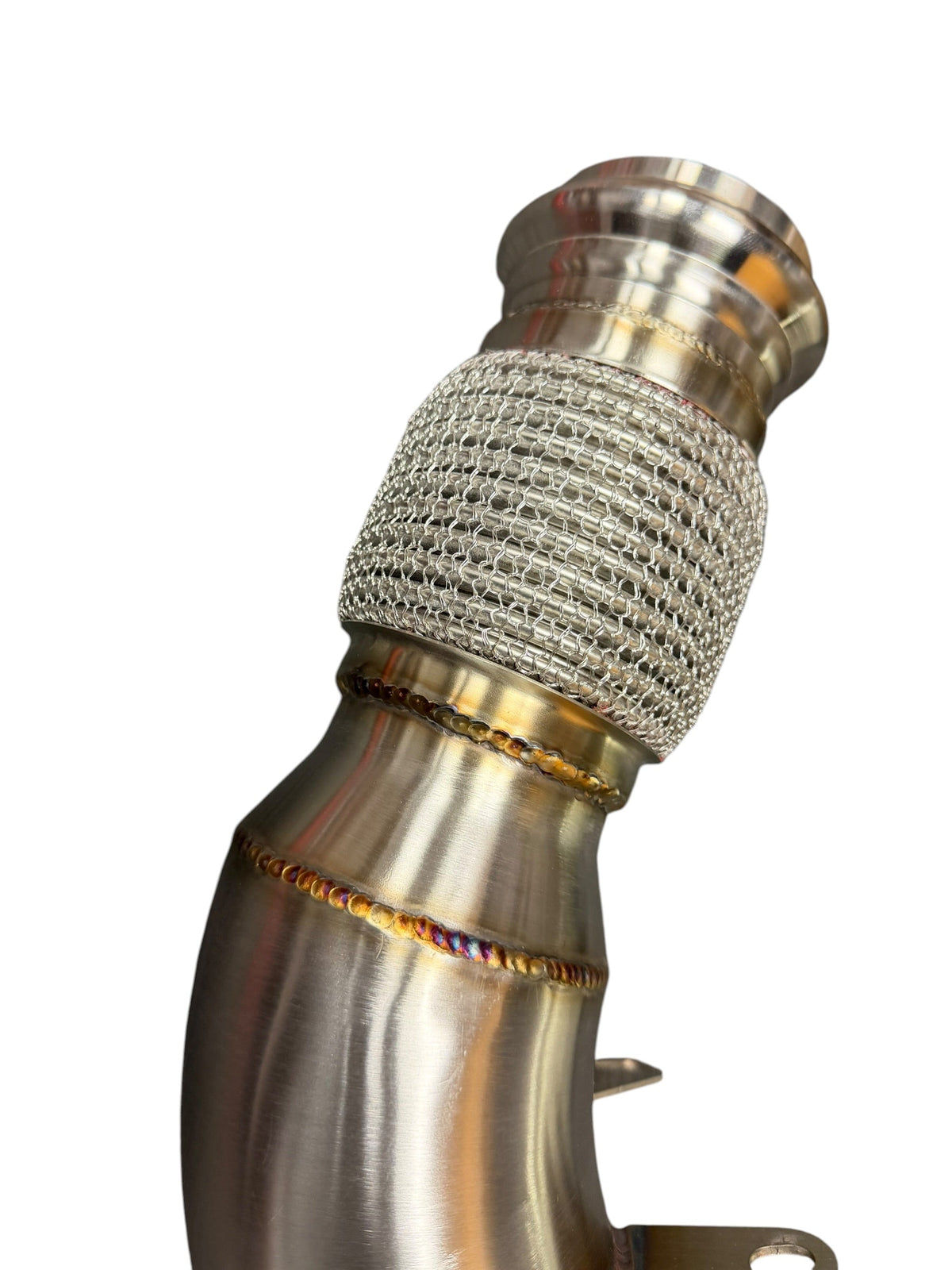 BMW B46 Racing Downpipe by JackSpania Racing for 120i to 730i models, high-performance exhaust part in metallic finish.